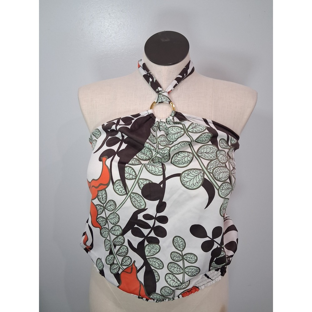 Cato Womens Halter Top Orange Green Tropical Floral O-Ring Smocked Hem Medium
